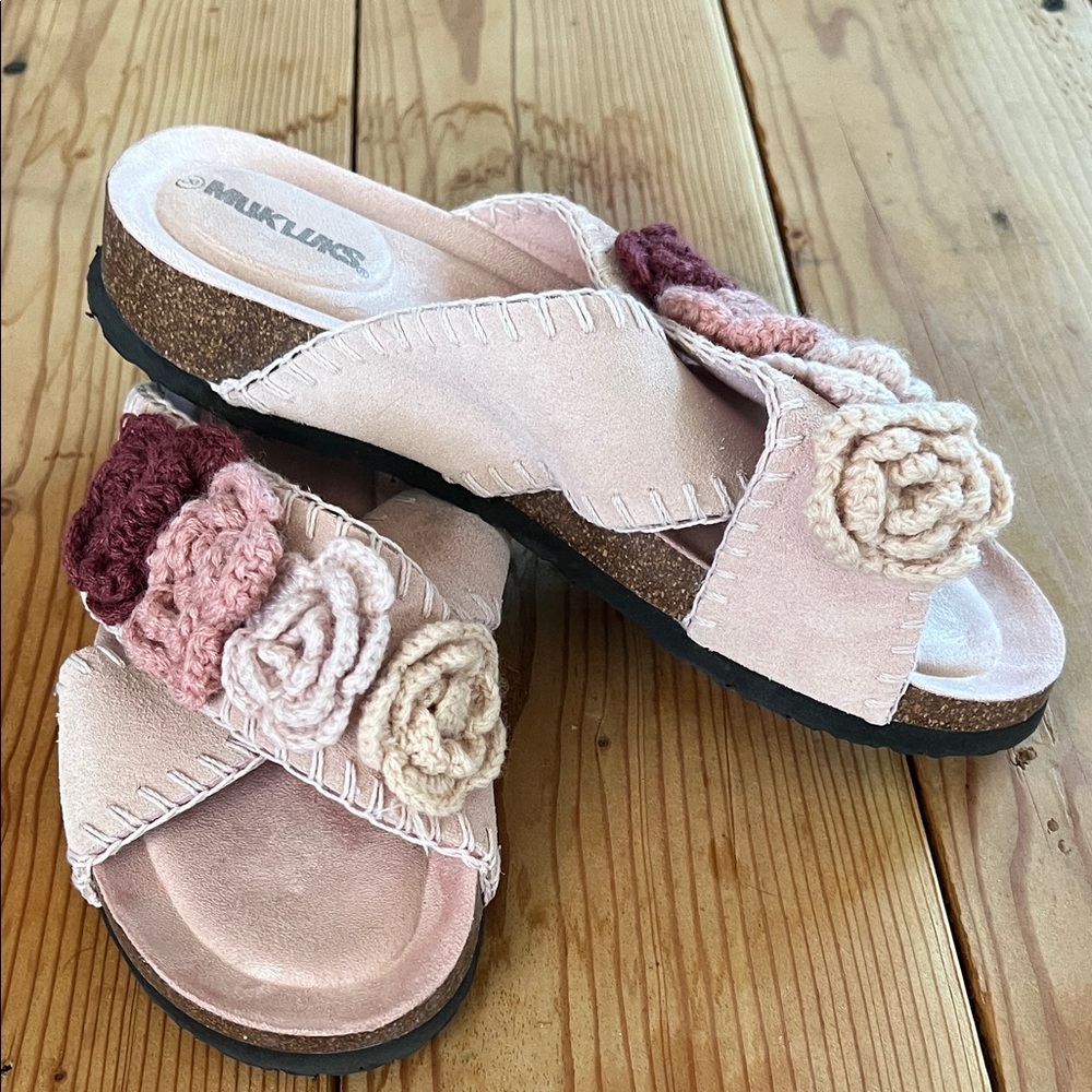 Muk Luks Pink Suede Slide Mules with Crochet Floral Accents
